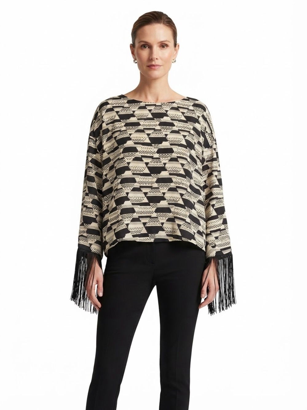 Sage Black Cream Geometric Fringe Sleeve Top Size Small Made in USA
